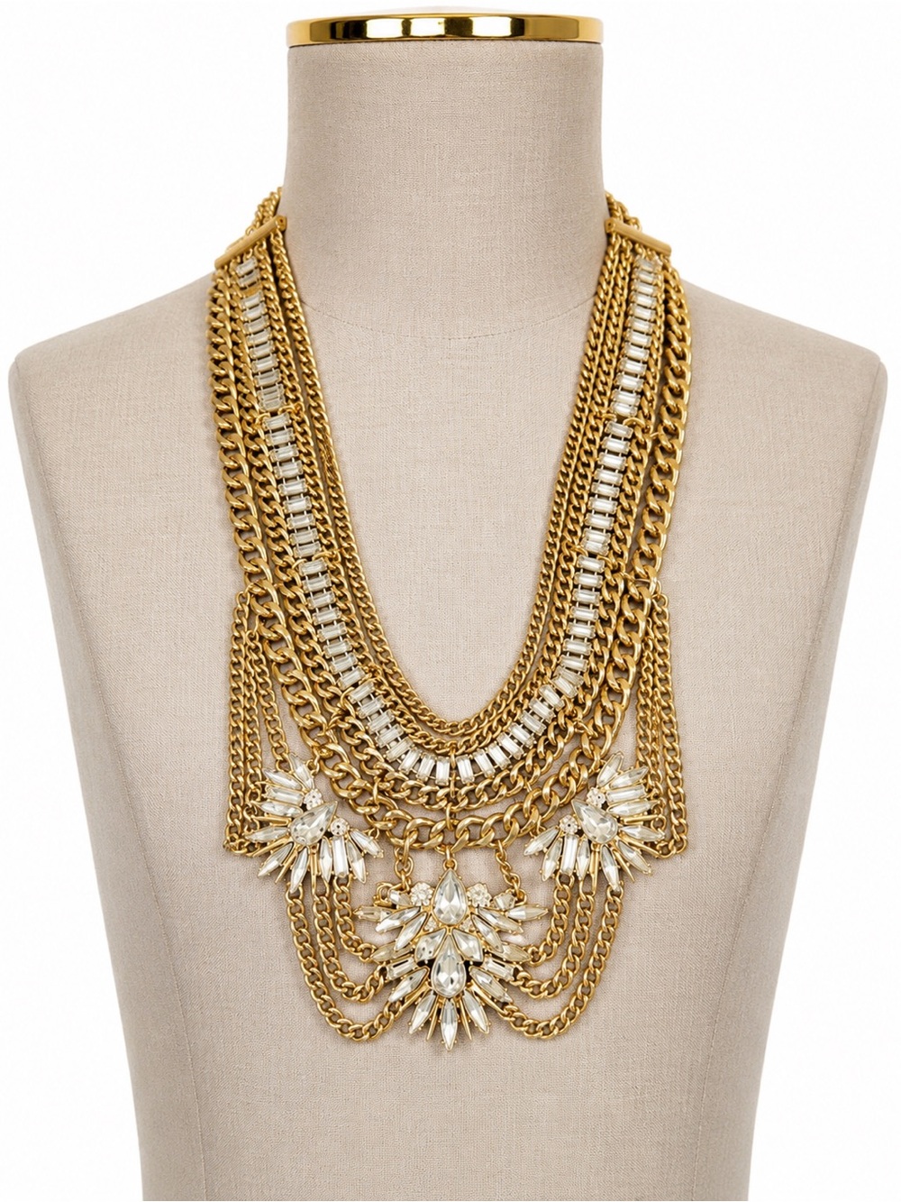 NWT Bebe Gold-Tone Multi-Chain Crystal Statement Necklac